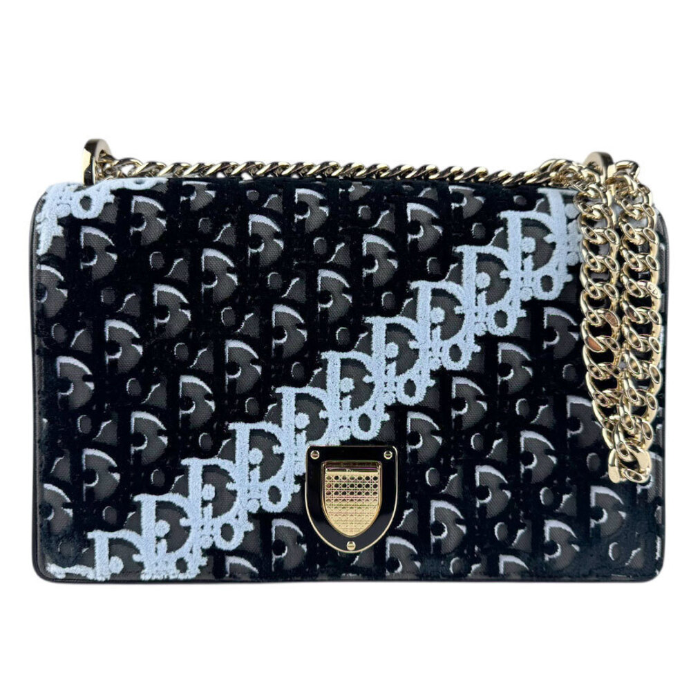 Christian Dior Diorama Shoulder Bag Canvas Velvet Black Gray Blue
